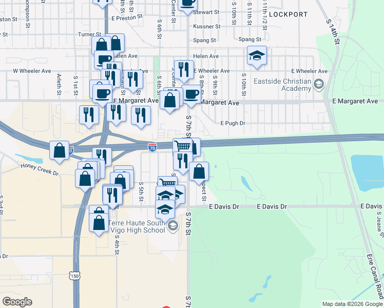 map of restaurants, bars, coffee shops, grocery stores, and more near 3200 South 7th Street in Terre Haute