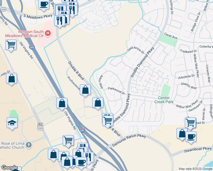 map of restaurants, bars, coffee shops, grocery stores, and more near 1130 Broadview Court in Reno