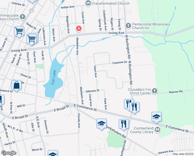map of restaurants, bars, coffee shops, grocery stores, and more near 33 Eisenhower Drive in Bridgeton