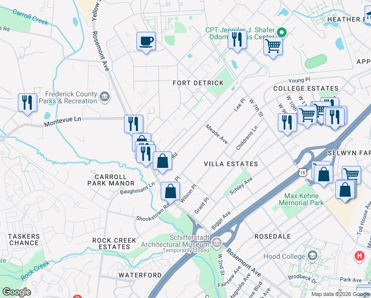 map of restaurants, bars, coffee shops, grocery stores, and more near 504 Military Road in Frederick