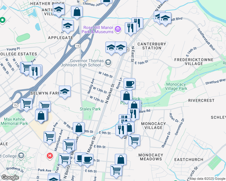map of restaurants, bars, coffee shops, grocery stores, and more near 1304 Maryland 355 in Frederick