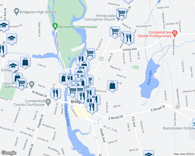 map of restaurants, bars, coffee shops, grocery stores, and more near 67 Washington Street in Bridgeton