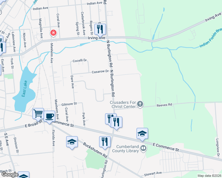 map of restaurants, bars, coffee shops, grocery stores, and more near 100 North Burlington Road in Bridgeton