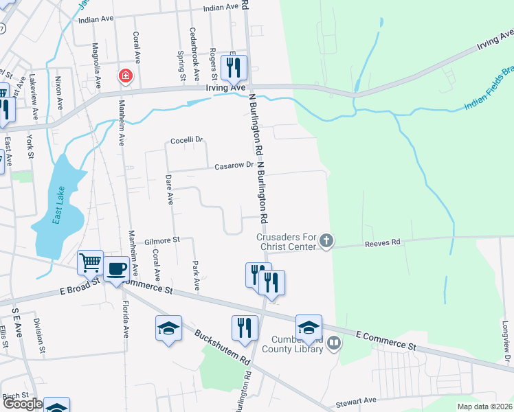 map of restaurants, bars, coffee shops, grocery stores, and more near 100 North Burlington Road in Bridgeton