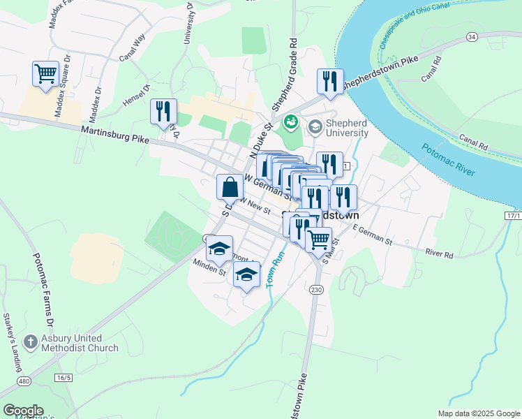 map of restaurants, bars, coffee shops, grocery stores, and more near 202 South Church Street in Shepherdstown