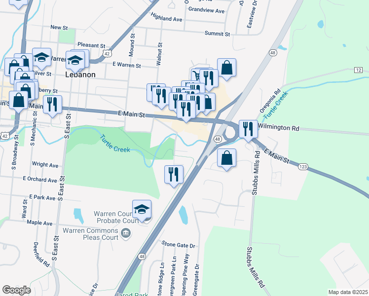 map of restaurants, bars, coffee shops, grocery stores, and more near 304 Chillicothe Avenue in Lebanon