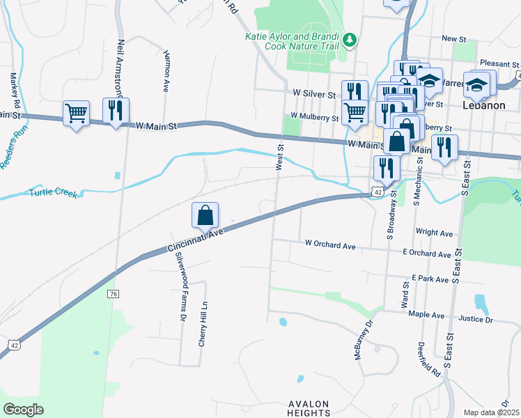 map of restaurants, bars, coffee shops, grocery stores, and more near 500 Cincinnati Avenue in Lebanon