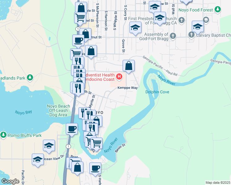 map of restaurants, bars, coffee shops, grocery stores, and more near 800-844 River Drive in Fort Bragg