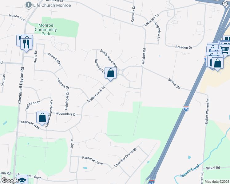 map of restaurants, bars, coffee shops, grocery stores, and more near 330 Steeplechase Ln in Monroe