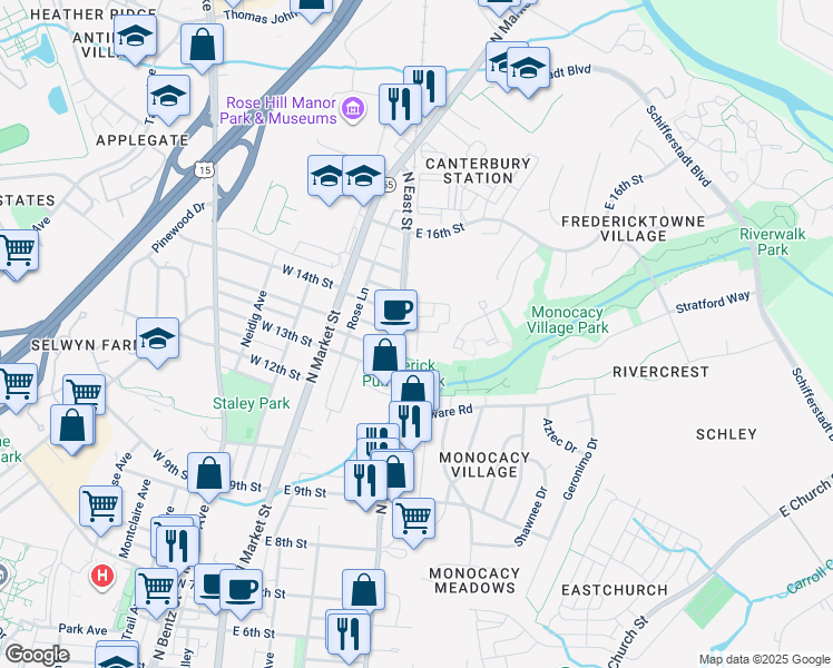map of restaurants, bars, coffee shops, grocery stores, and more near Holling Place in Frederick