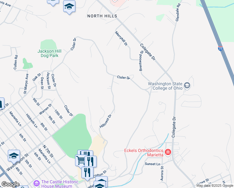map of restaurants, bars, coffee shops, grocery stores, and more near 113 Hillcrest Drive in Marietta