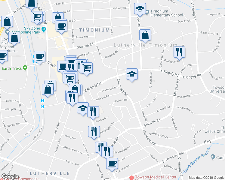 map of restaurants, bars, coffee shops, grocery stores, and more near 29 Bramleigh Road in Lutherville-Timonium