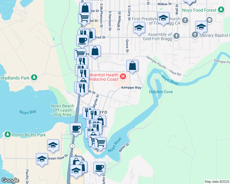 map of restaurants, bars, coffee shops, grocery stores, and more near 844 River Drive in Fort Bragg