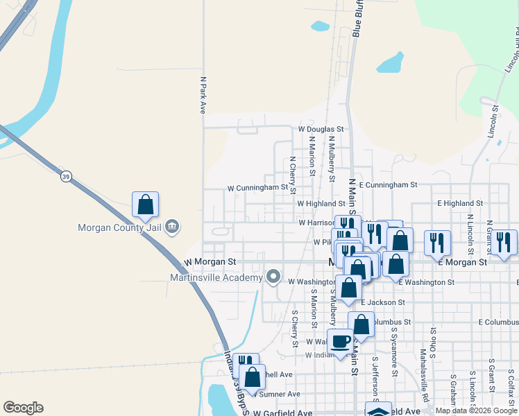 map of restaurants, bars, coffee shops, grocery stores, and more near 439 West Highland Street in Martinsville