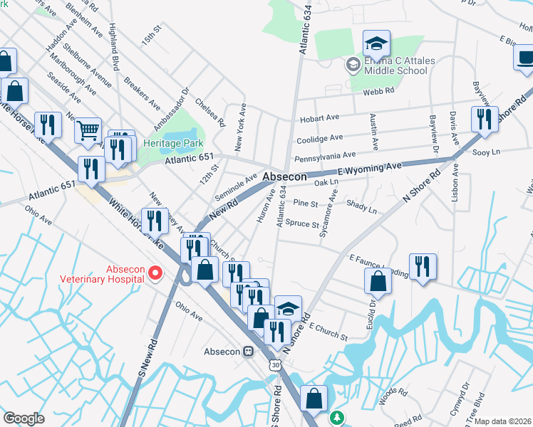 map of restaurants, bars, coffee shops, grocery stores, and more near 246 Huron Avenue in Absecon