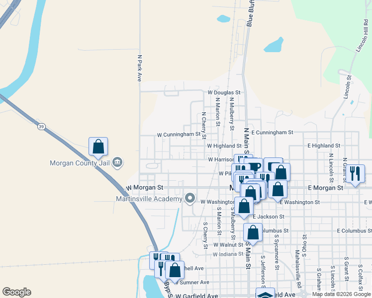 map of restaurants, bars, coffee shops, grocery stores, and more near 439 West Highland Street in Martinsville
