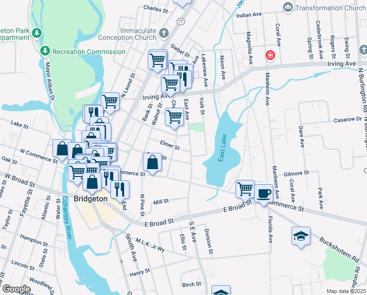 map of restaurants, bars, coffee shops, grocery stores, and more near 79 Elmer Street in Bridgeton