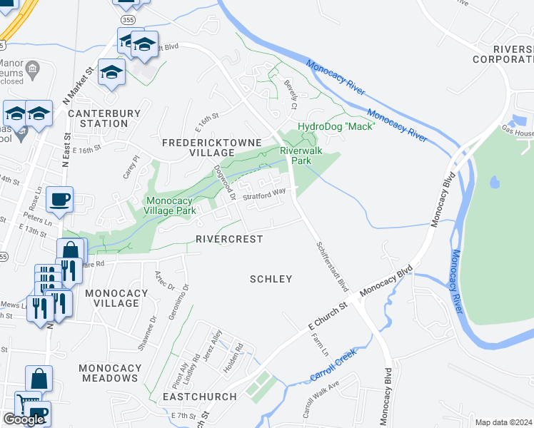 map of restaurants, bars, coffee shops, grocery stores, and more near 1501 Mohican Court in Frederick