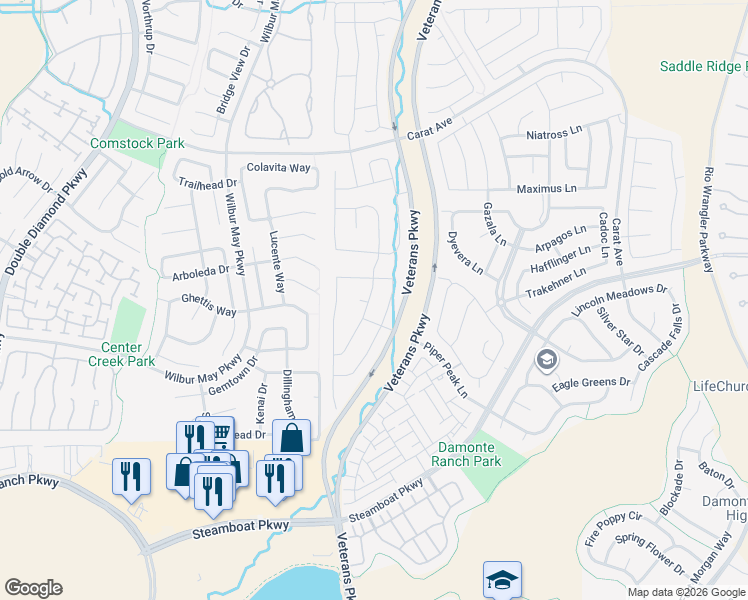 map of restaurants, bars, coffee shops, grocery stores, and more near 10260 Culiacan Pass Trail in Reno