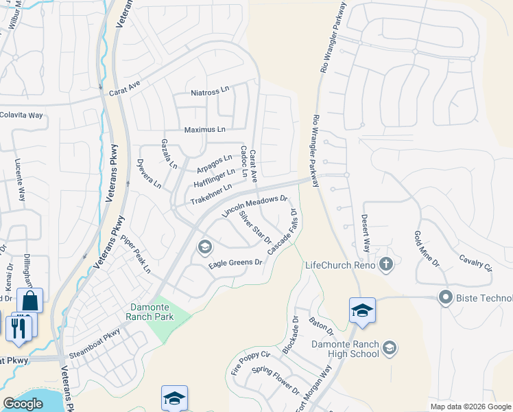 map of restaurants, bars, coffee shops, grocery stores, and more near 2390 Lincoln Meadows Drive in Reno