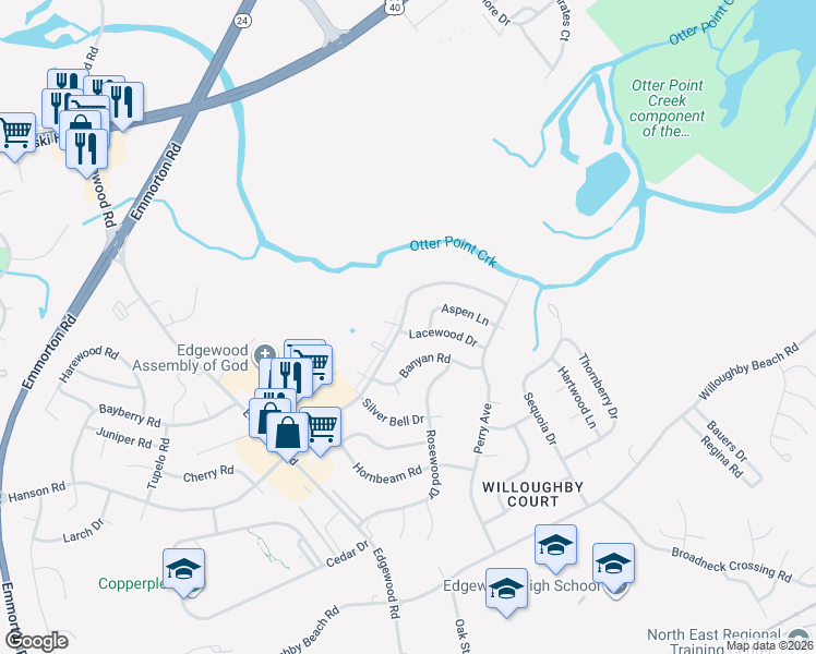 map of restaurants, bars, coffee shops, grocery stores, and more near 621 Lacewood Drive in Edgewood