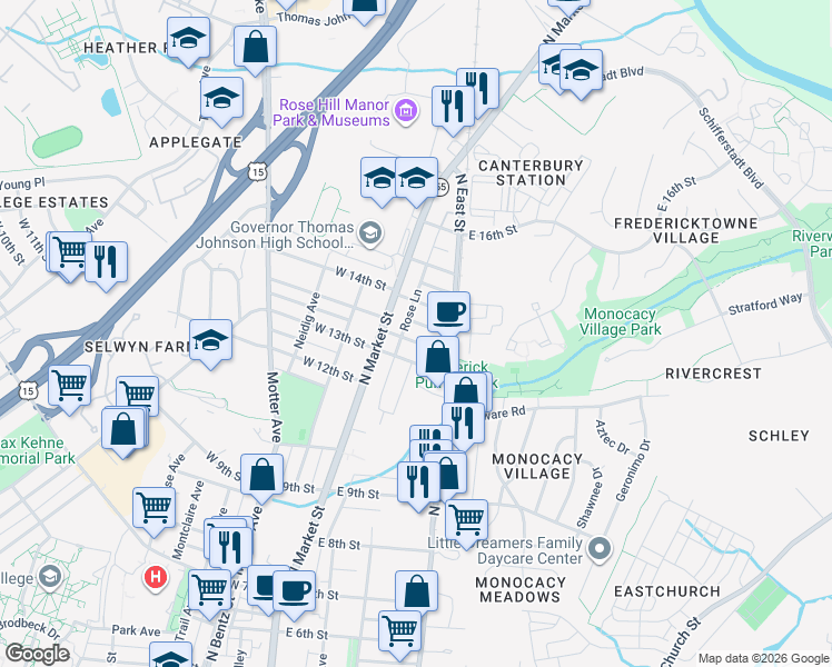 map of restaurants, bars, coffee shops, grocery stores, and more near 5 Peters Lane in Frederick
