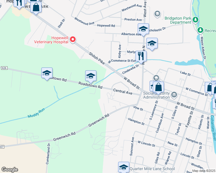 map of restaurants, bars, coffee shops, grocery stores, and more near 63 Central Avenue in Bridgeton