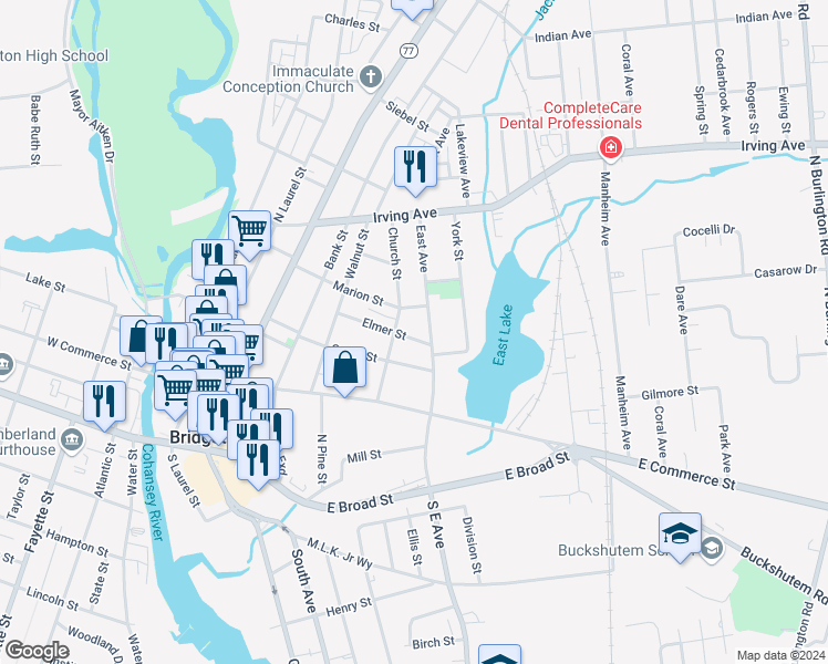 map of restaurants, bars, coffee shops, grocery stores, and more near 77 Elmer Street in Bridgeton
