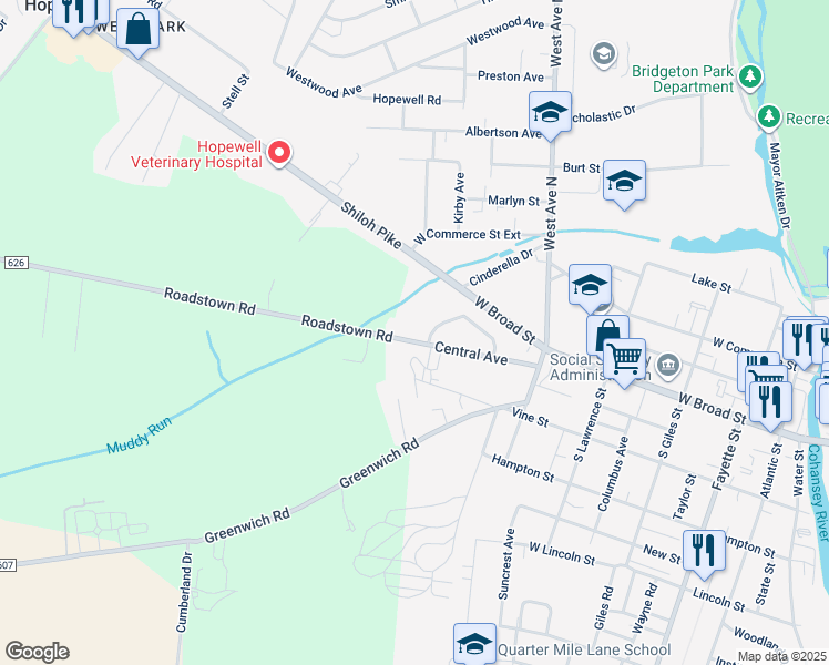 map of restaurants, bars, coffee shops, grocery stores, and more near 63 Central Avenue in Bridgeton