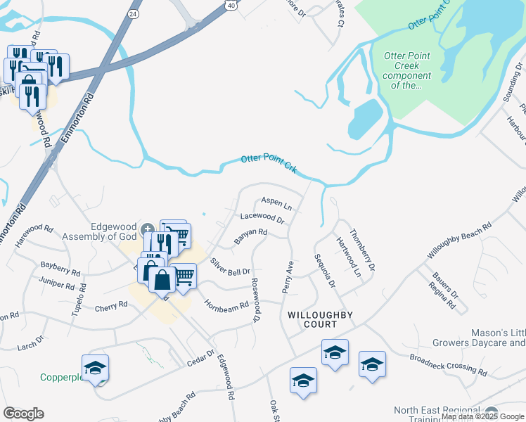 map of restaurants, bars, coffee shops, grocery stores, and more near 613 Lacewood Drive in Edgewood