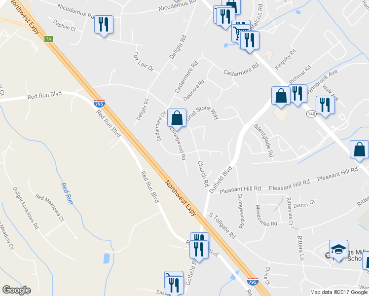 map of restaurants, bars, coffee shops, grocery stores, and more near 102 Strongwood Rd in Owings Mills