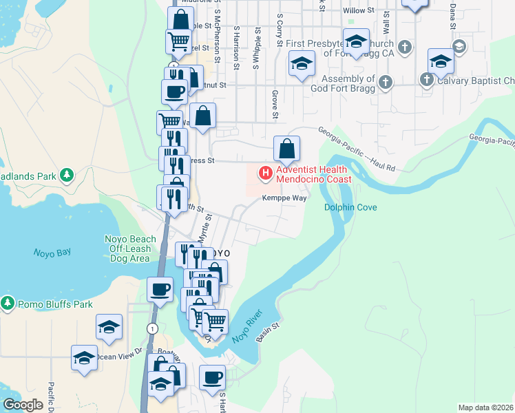 map of restaurants, bars, coffee shops, grocery stores, and more near 800-844 River Drive in Fort Bragg