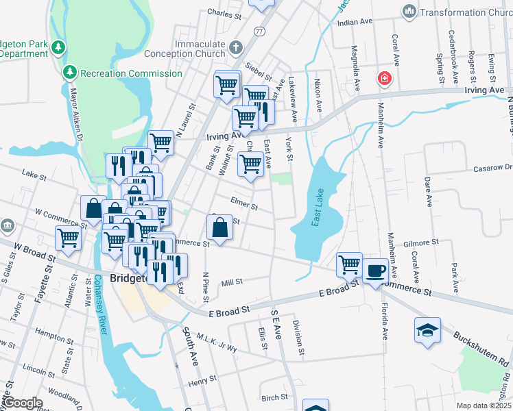 map of restaurants, bars, coffee shops, grocery stores, and more near 67 Church Street in Bridgeton