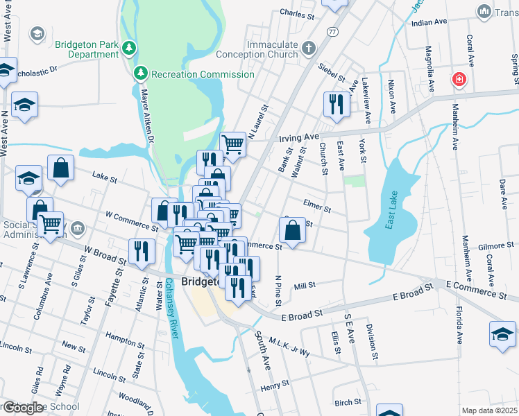 map of restaurants, bars, coffee shops, grocery stores, and more near 67 Washington Street in Bridgeton