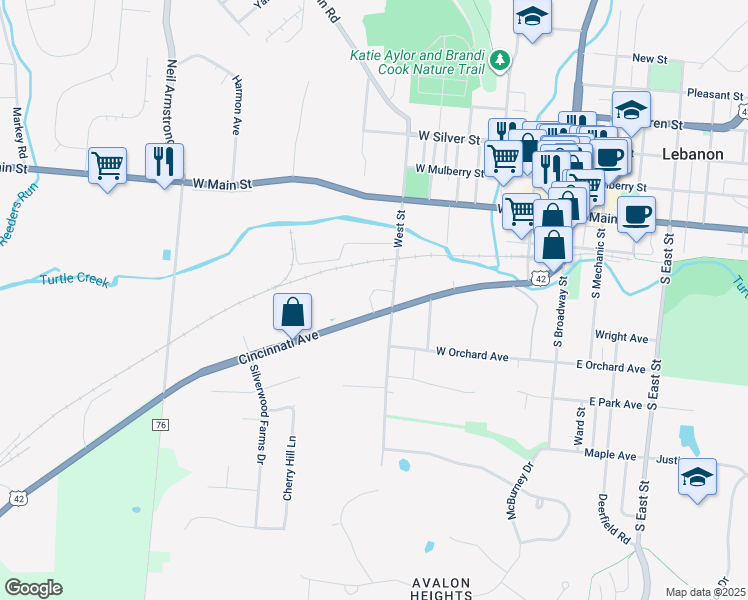 map of restaurants, bars, coffee shops, grocery stores, and more near 500 Cincinnati Avenue in Lebanon