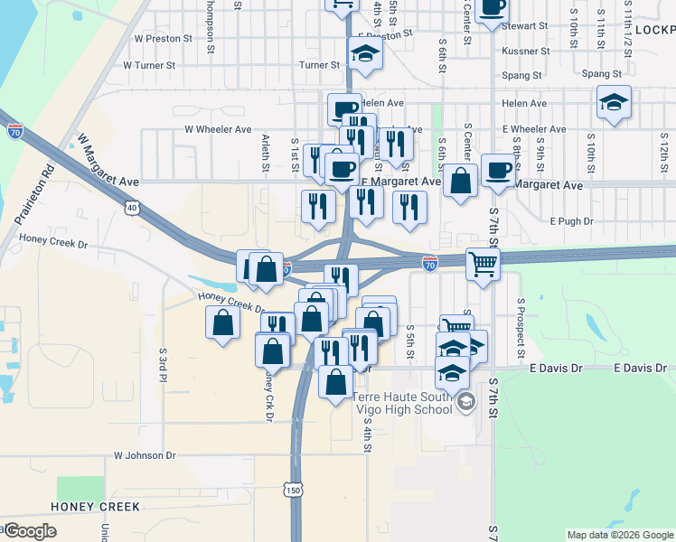 map of restaurants, bars, coffee shops, grocery stores, and more near S 3rd St in Terre Haute