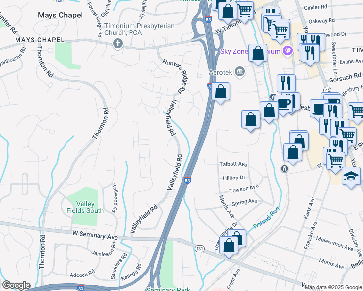 map of restaurants, bars, coffee shops, grocery stores, and more near 8715 Valleyfield Road in Lutherville-Timonium