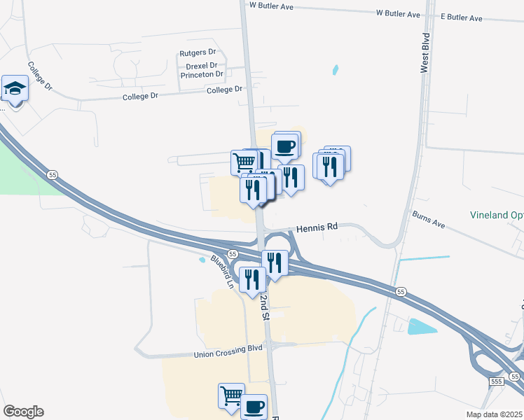 map of restaurants, bars, coffee shops, grocery stores, and more near 3849 South Delsea Drive in Vineland