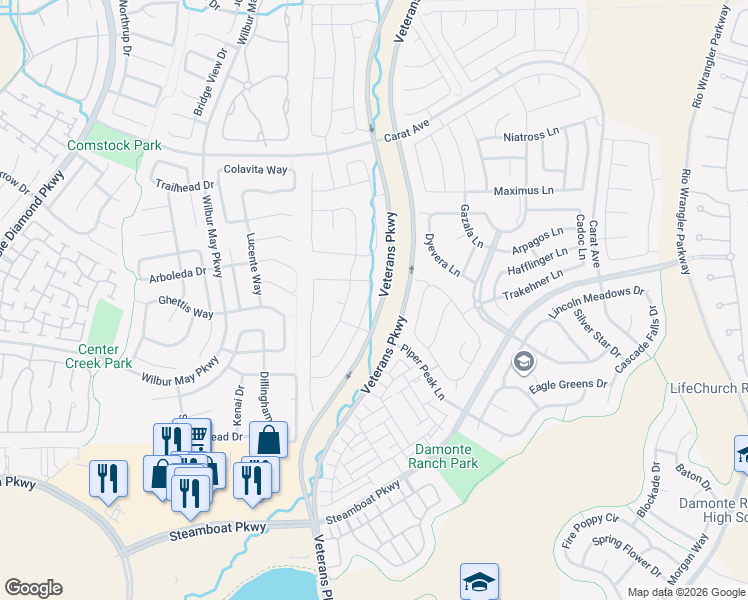 map of restaurants, bars, coffee shops, grocery stores, and more near 10240 Rollins Drive in Reno