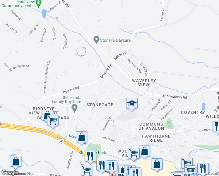 map of restaurants, bars, coffee shops, grocery stores, and more near 221 Shannonbrook Lane in Frederick