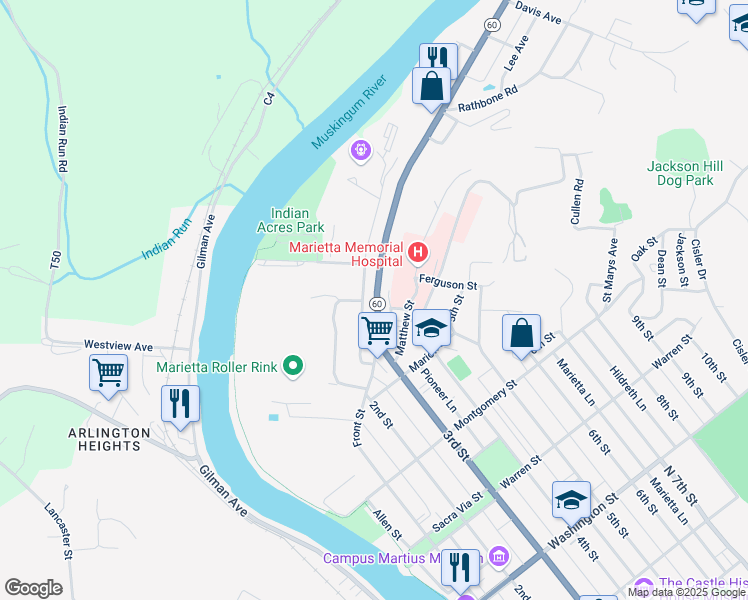 map of restaurants, bars, coffee shops, grocery stores, and more near 127 Muskingum Drive in Marietta