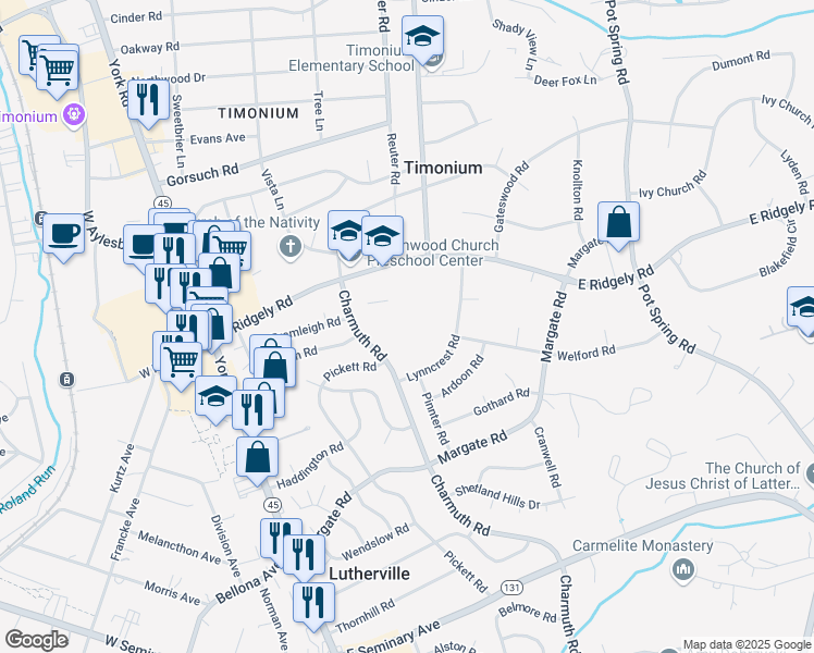 map of restaurants, bars, coffee shops, grocery stores, and more near 121 East Ridgely Road in Timonium