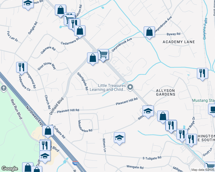 map of restaurants, bars, coffee shops, grocery stores, and more near 32 Hiddencreek Court in Owings Mills