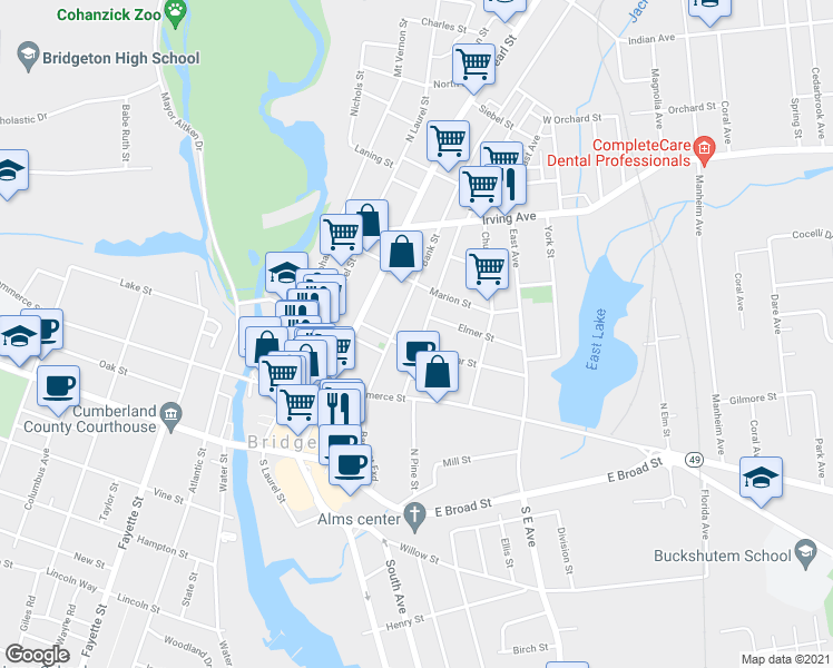 map of restaurants, bars, coffee shops, grocery stores, and more near 68 Walnut Street in Bridgeton