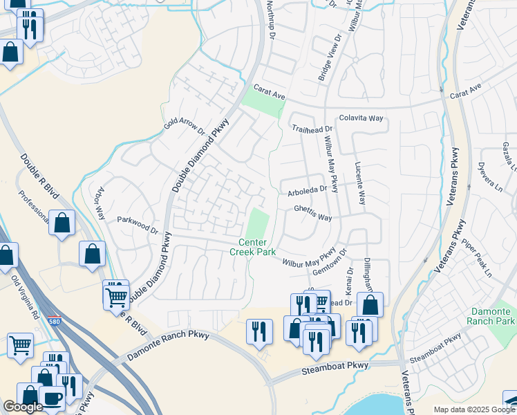 map of restaurants, bars, coffee shops, grocery stores, and more near 1722 Iron Mountain Drive in Reno