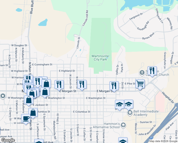 map of restaurants, bars, coffee shops, grocery stores, and more near 390 North Street Clair Street in Martinsville