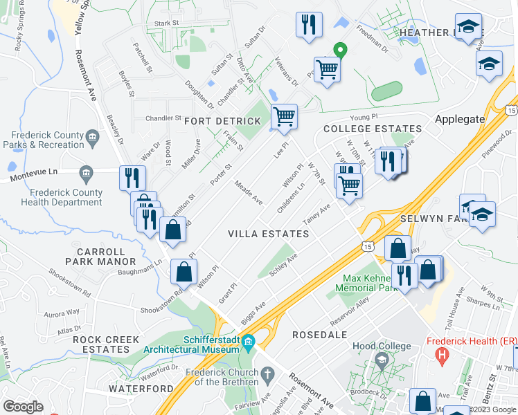 map of restaurants, bars, coffee shops, grocery stores, and more near 535 Wilson Place in Frederick