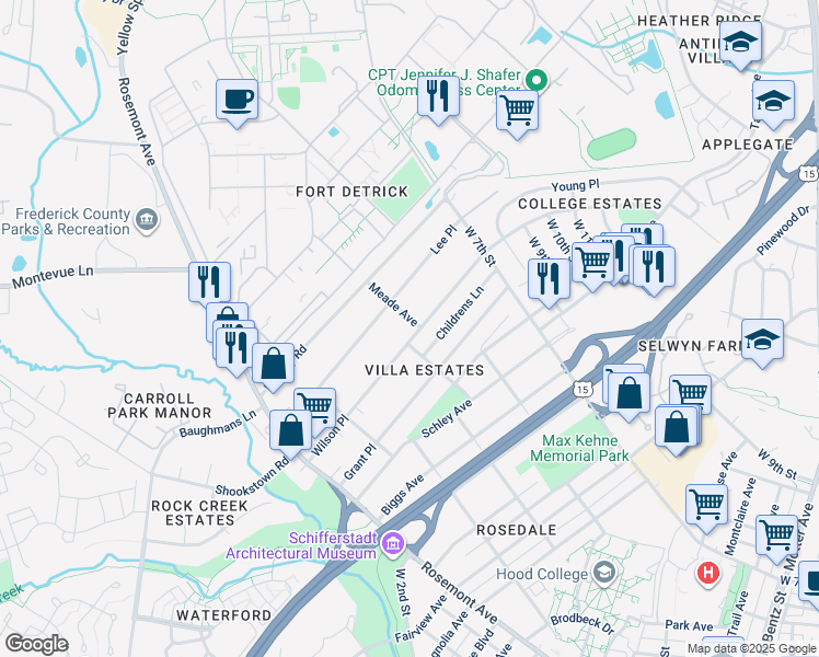 map of restaurants, bars, coffee shops, grocery stores, and more near 535 Wilson Place in Frederick