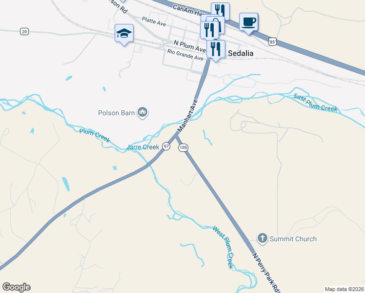 map of restaurants, bars, coffee shops, grocery stores, and more near Colorado 105 in Sedalia