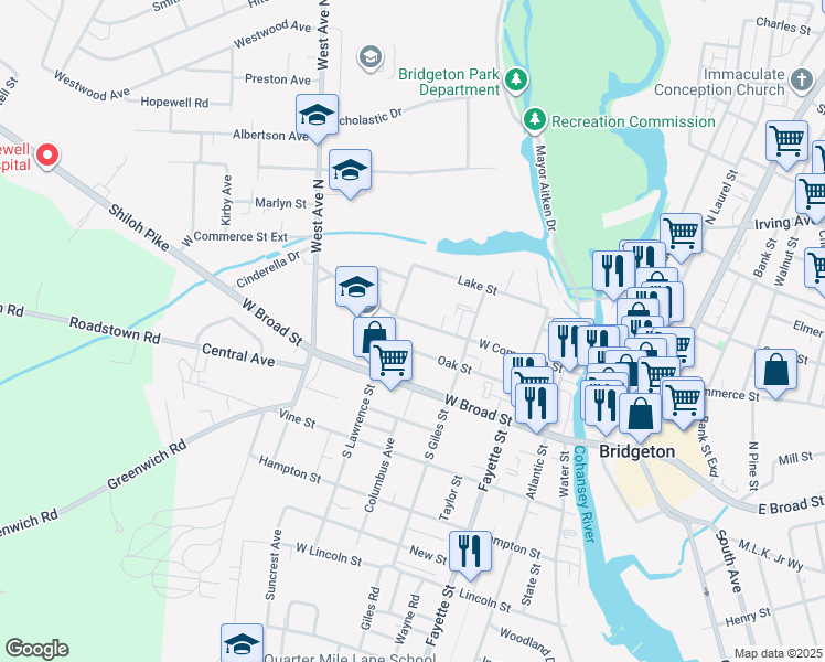map of restaurants, bars, coffee shops, grocery stores, and more near 184 West Commerce Street in Bridgeton